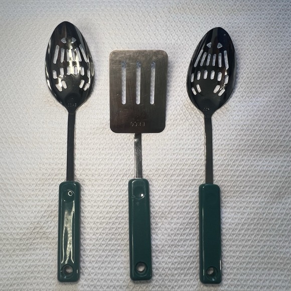 Vintage Ekco 3 Piece Utensil Stainless Steel Green Handles Slotted Spoon Spatula - Picture 3 of 14